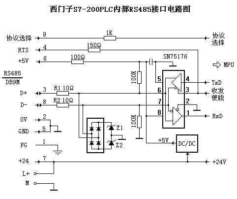 S7-200PLC内部RS485接口电路如图