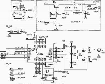 基于射频模块nRF905的粮库无线温湿度监控系统如图