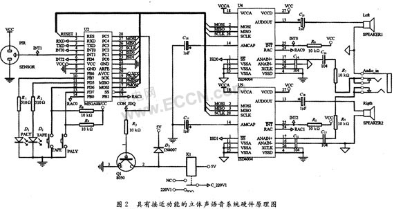 ISD4004在具有接近功能的立体声语音系统中的应用如图