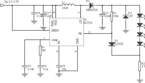 利用EL7516制作高效、高电流的白光LED驱动器如图