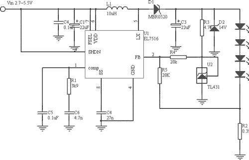 利用EL7516制作高效、高电流的白光LED驱动器如图